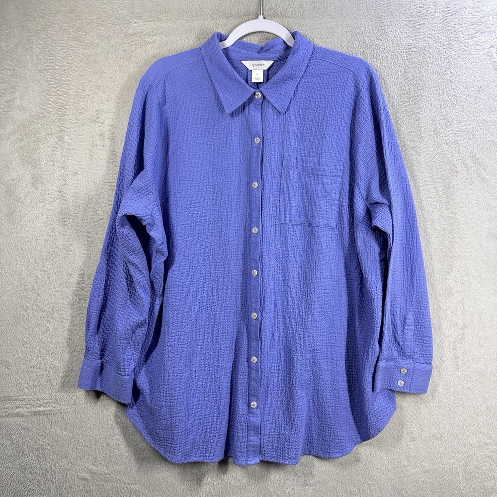 CJ Banks 100% Cotton Textured Blouse Sz 2X Periwinkle Lightweight Button Front